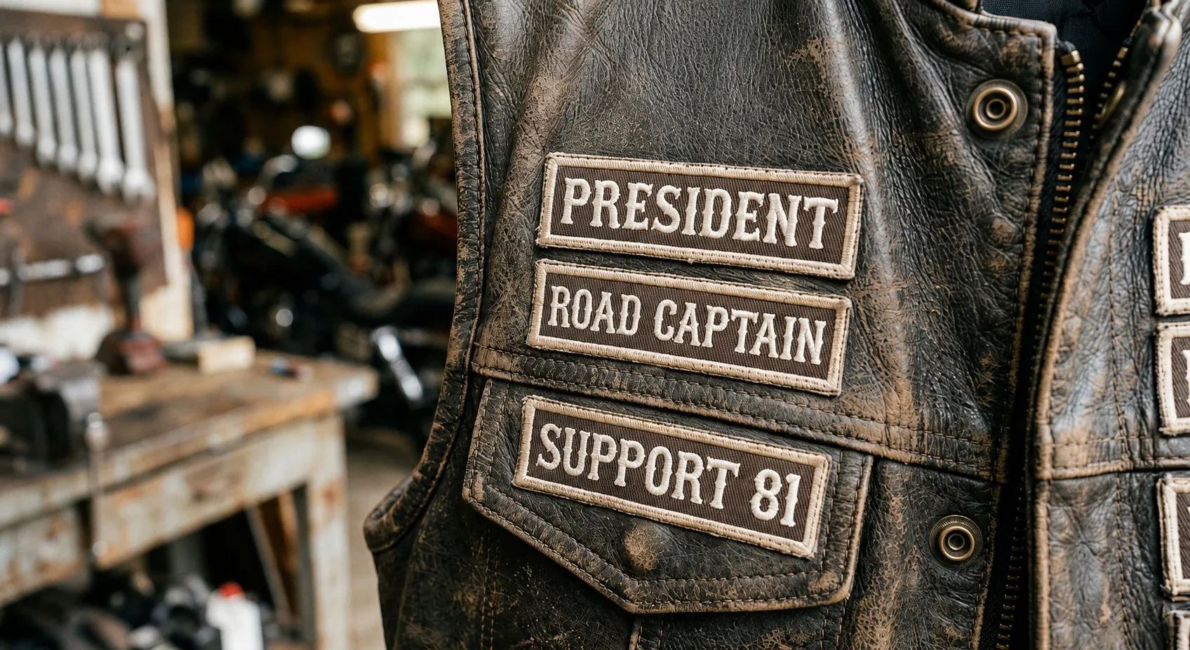 embroidered club rank patches on the vest